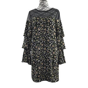 Nicole Miller Black Floral‎ Shift Mini Dress Womens 2 Ruffle Bell Sleeve